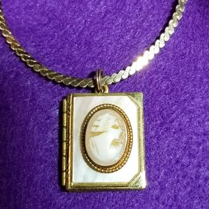 Vintage cameo locket necklace gold tone carved shell book mother of pearl